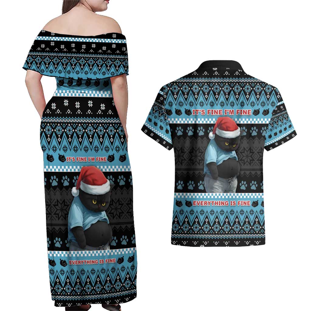 Cat Christmas Couples Matching Off Shoulder Maxi Dress and Hawaiian Shirt It’s Fine I’m Fine Everything Is Fine - Wonder Print Shop