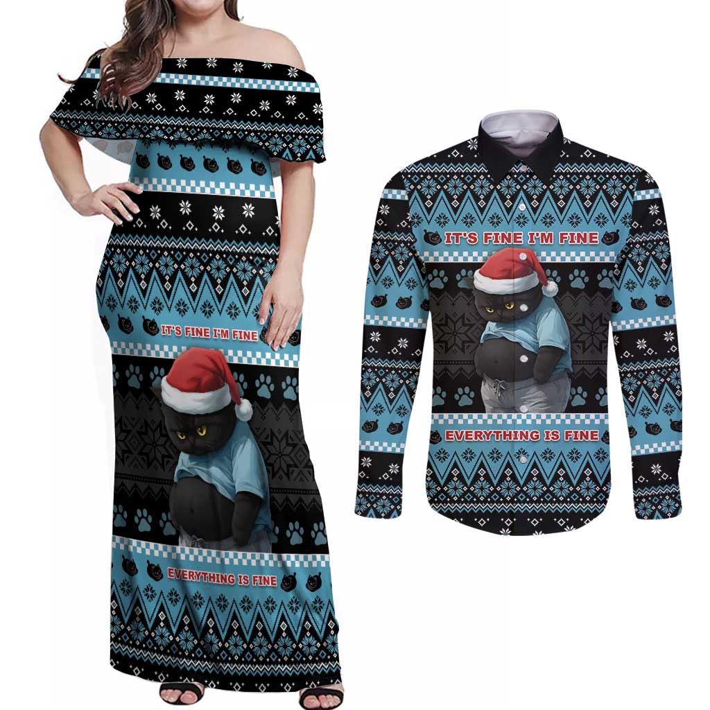 Cat Christmas Couples Matching Off Shoulder Maxi Dress and Long Sleeve Button Shirt It’s Fine I’m Fine Everything Is Fine - Wonder Print Shop