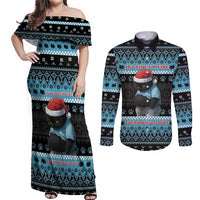 Cat Christmas Couples Matching Off Shoulder Maxi Dress and Long Sleeve Button Shirt It’s Fine I’m Fine Everything Is Fine - Wonder Print Shop