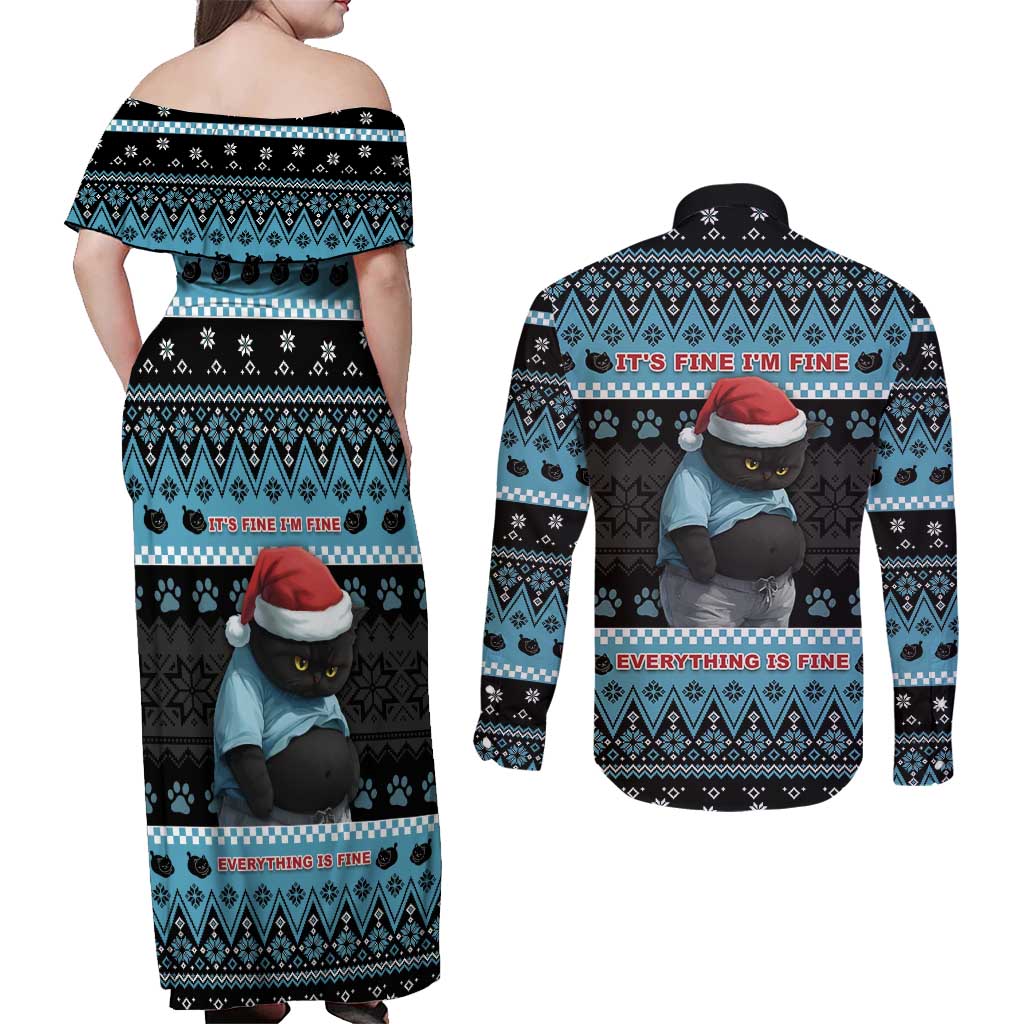 Cat Christmas Couples Matching Off Shoulder Maxi Dress and Long Sleeve Button Shirt It’s Fine I’m Fine Everything Is Fine - Wonder Print Shop