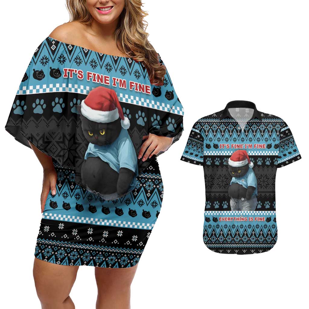Cat Christmas Couples Matching Off Shoulder Short Dress and Hawaiian Shirt It’s Fine I’m Fine Everything Is Fine - Wonder Print Shop
