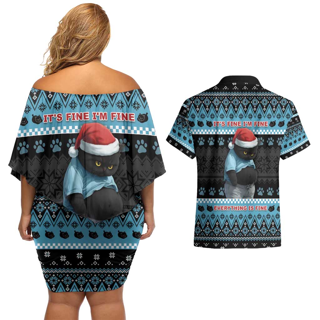 Cat Christmas Couples Matching Off Shoulder Short Dress and Hawaiian Shirt It’s Fine I’m Fine Everything Is Fine - Wonder Print Shop