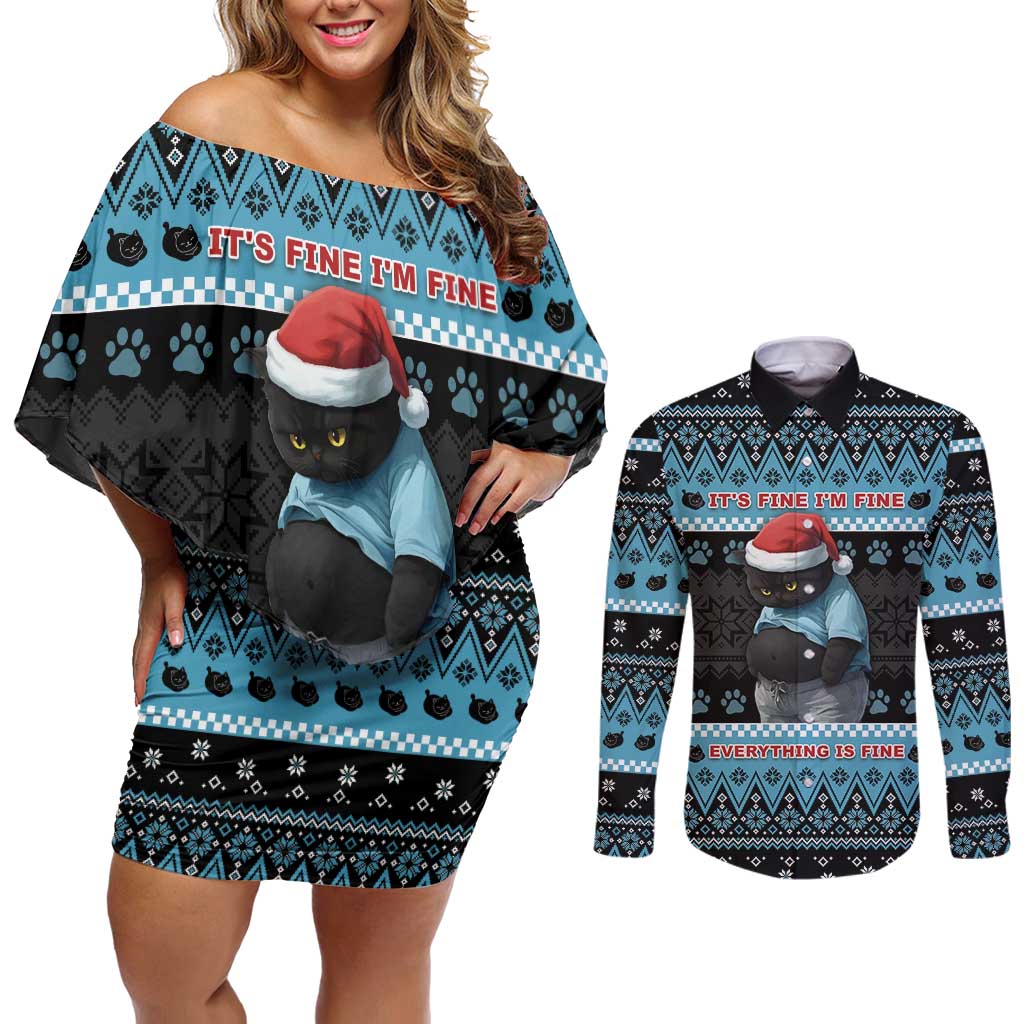 Cat Christmas Couples Matching Off Shoulder Short Dress and Long Sleeve Button Shirt It’s Fine I’m Fine Everything Is Fine - Wonder Print Shop