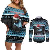 Cat Christmas Couples Matching Off Shoulder Short Dress and Long Sleeve Button Shirt It’s Fine I’m Fine Everything Is Fine - Wonder Print Shop