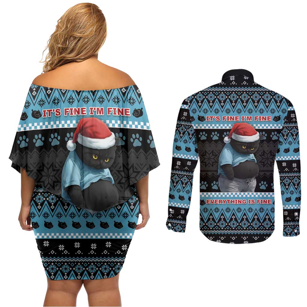 Cat Christmas Couples Matching Off Shoulder Short Dress and Long Sleeve Button Shirt It’s Fine I’m Fine Everything Is Fine - Wonder Print Shop