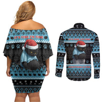 Cat Christmas Couples Matching Off Shoulder Short Dress and Long Sleeve Button Shirt It’s Fine I’m Fine Everything Is Fine - Wonder Print Shop