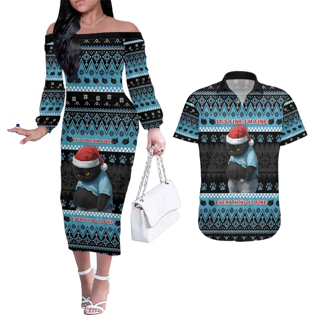 Cat Christmas Couples Matching Off The Shoulder Long Sleeve Dress and Hawaiian Shirt It’s Fine I’m Fine Everything Is Fine - Wonder Print Shop