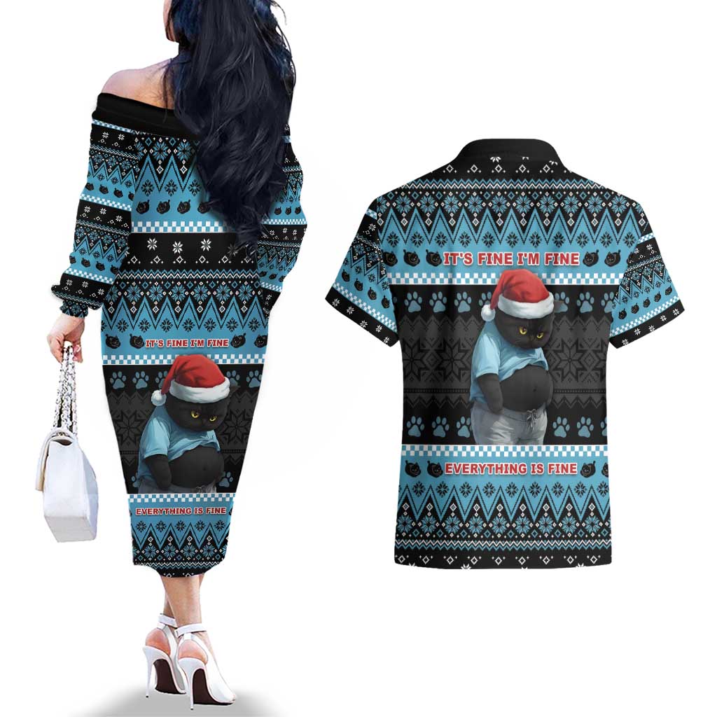Cat Christmas Couples Matching Off The Shoulder Long Sleeve Dress and Hawaiian Shirt It’s Fine I’m Fine Everything Is Fine - Wonder Print Shop