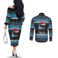 Cat Christmas Couples Matching Off The Shoulder Long Sleeve Dress and Long Sleeve Button Shirt It’s Fine I’m Fine Everything Is Fine - Wonder Print Shop