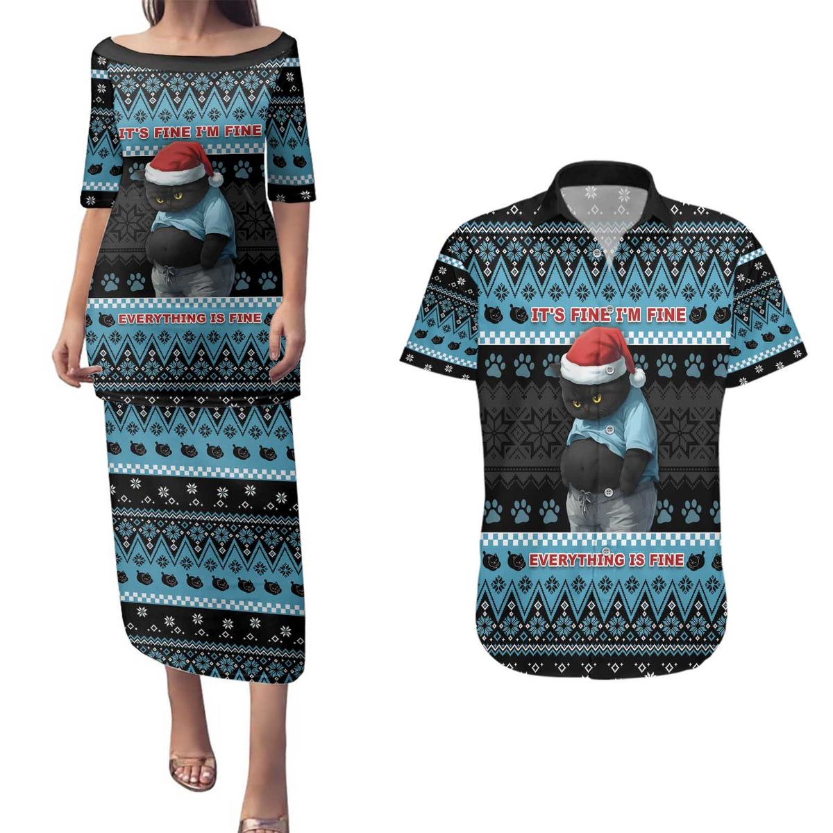 Cat Christmas Couples Matching Puletasi and Hawaiian Shirt It’s Fine I’m Fine Everything Is Fine - Wonder Print Shop