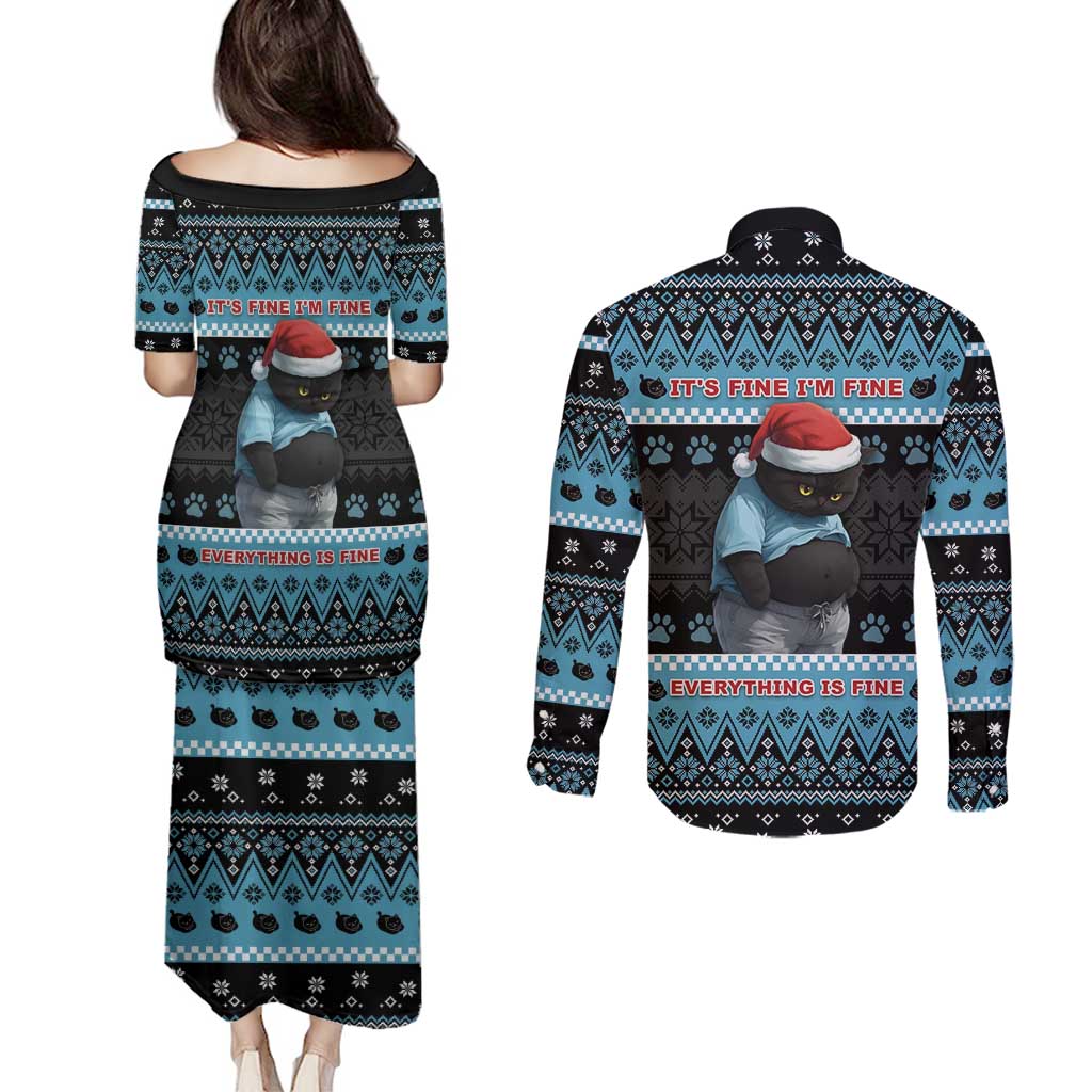 Cat Christmas Couples Matching Puletasi and Long Sleeve Button Shirt It’s Fine I’m Fine Everything Is Fine - Wonder Print Shop