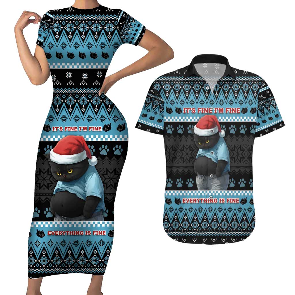 Cat Christmas Couples Matching Short Sleeve Bodycon Dress and Hawaiian Shirt It’s Fine I’m Fine Everything Is Fine - Wonder Print Shop