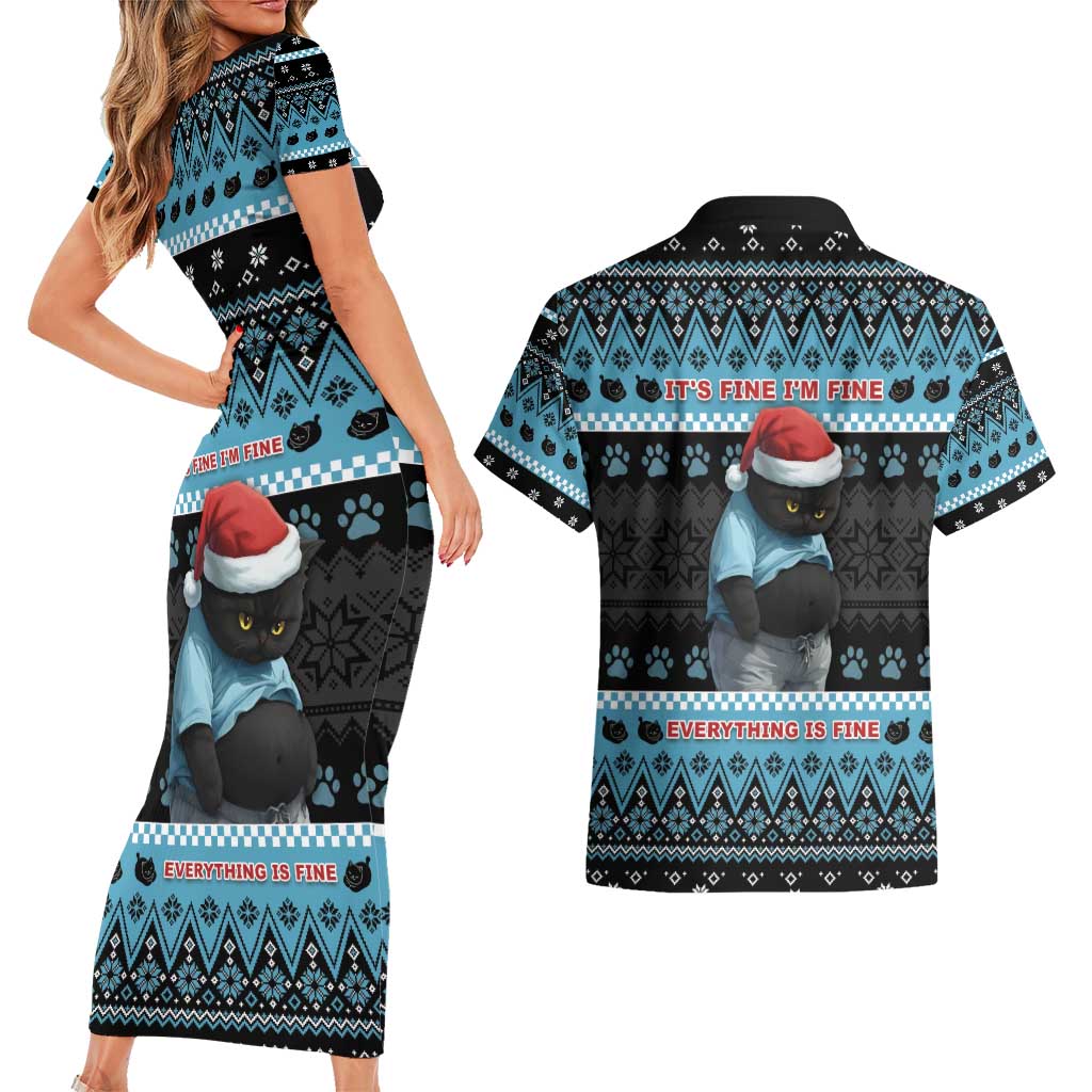 Cat Christmas Couples Matching Short Sleeve Bodycon Dress and Hawaiian Shirt It’s Fine I’m Fine Everything Is Fine - Wonder Print Shop