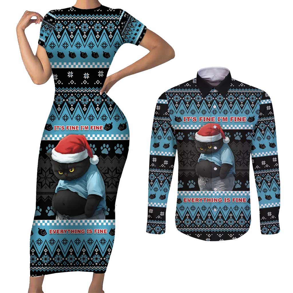 Cat Christmas Couples Matching Short Sleeve Bodycon Dress and Long Sleeve Button Shirt It’s Fine I’m Fine Everything Is Fine - Wonder Print Shop