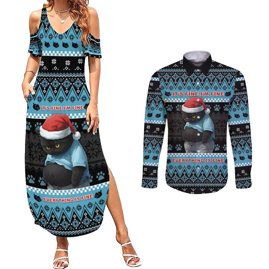 Cat Christmas Couples Matching Summer Maxi Dress and Long Sleeve Button Shirt It’s Fine I’m Fine Everything Is Fine - Wonder Print Shop