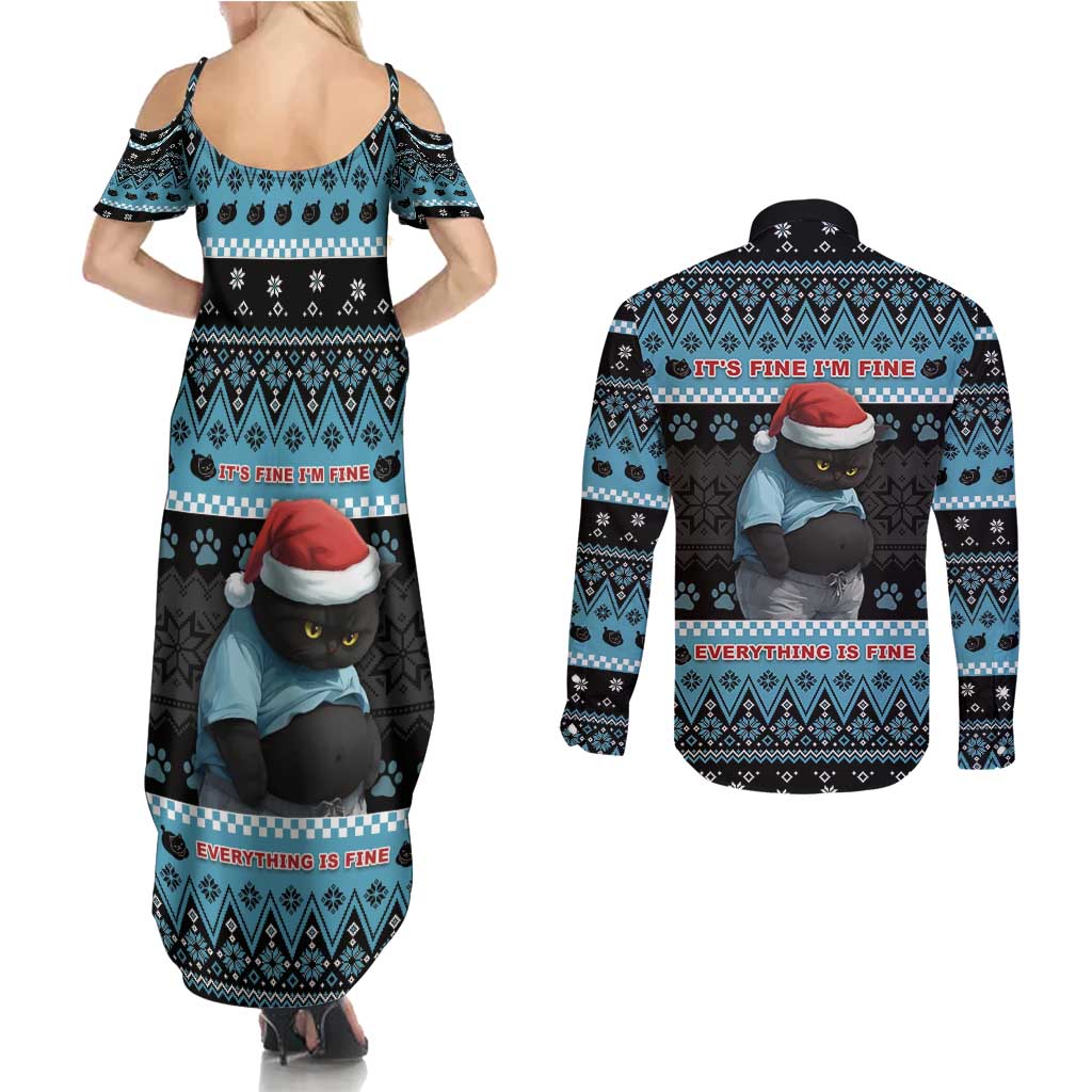 Cat Christmas Couples Matching Summer Maxi Dress and Long Sleeve Button Shirt It’s Fine I’m Fine Everything Is Fine - Wonder Print Shop