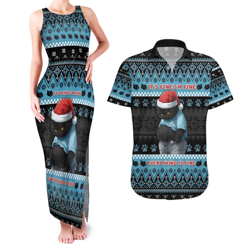 Cat Christmas Couples Matching Tank Maxi Dress and Hawaiian Shirt It’s Fine I’m Fine Everything Is Fine - Wonder Print Shop