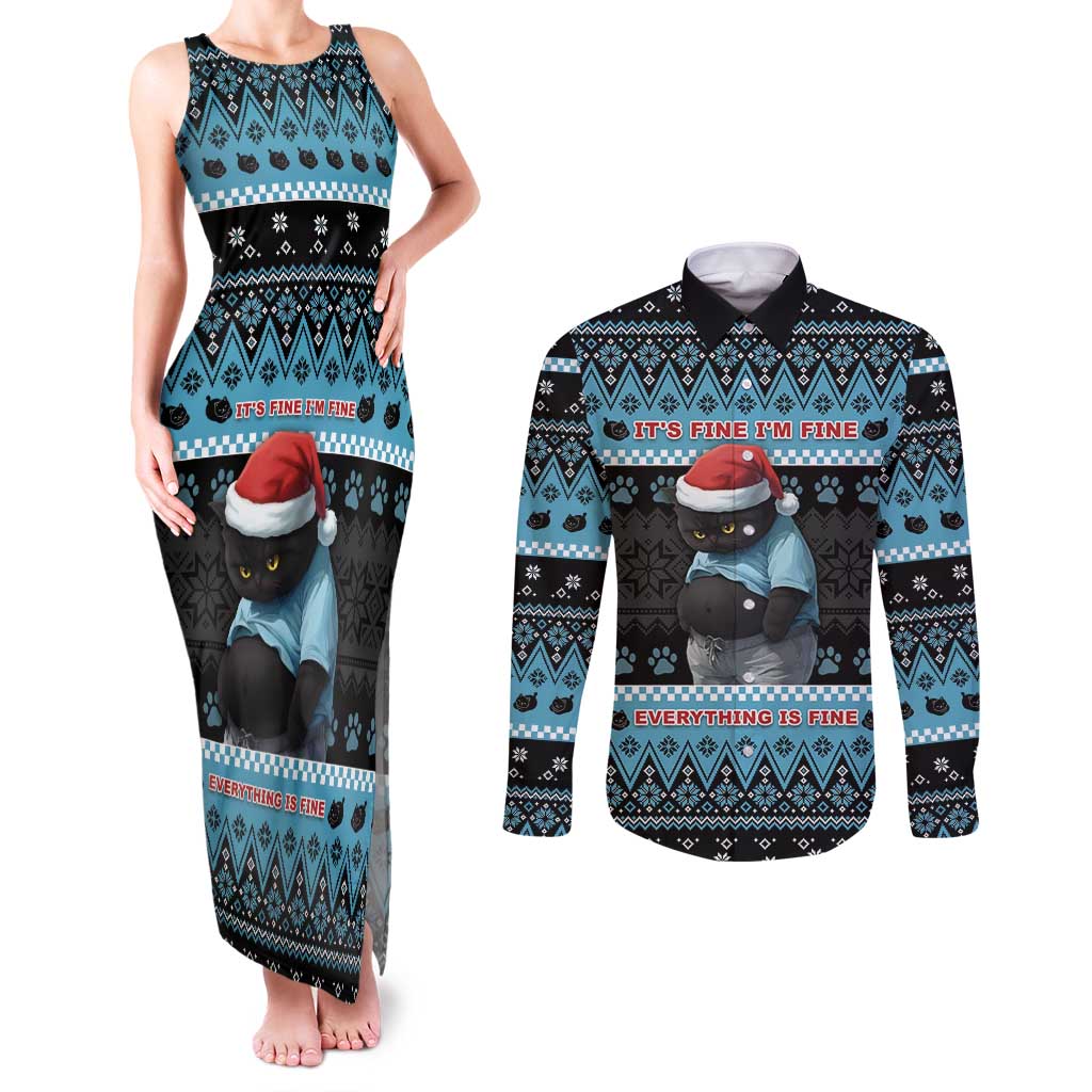 Cat Christmas Couples Matching Tank Maxi Dress and Long Sleeve Button Shirt It’s Fine I’m Fine Everything Is Fine - Wonder Print Shop