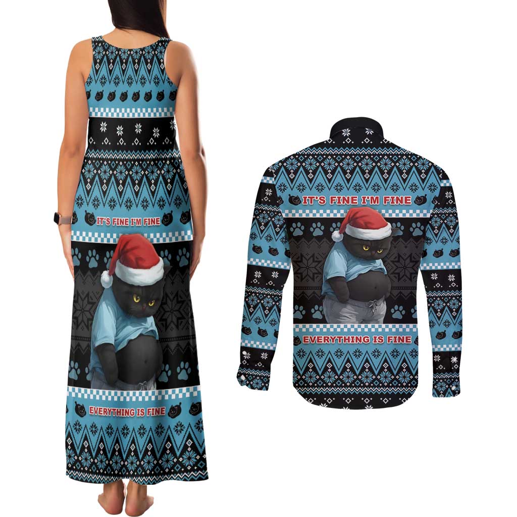 Cat Christmas Couples Matching Tank Maxi Dress and Long Sleeve Button Shirt It’s Fine I’m Fine Everything Is Fine - Wonder Print Shop