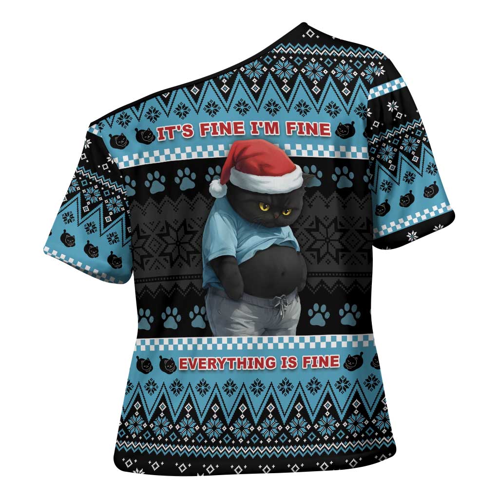 Cat Christmas Cross Shoulder Shirt It’s Fine I’m Fine Everything Is Fine - Wonder Print Shop