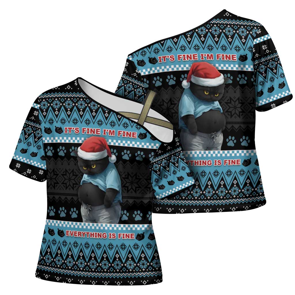Cat Christmas Cross Shoulder Shirt It’s Fine I’m Fine Everything Is Fine - Wonder Print Shop