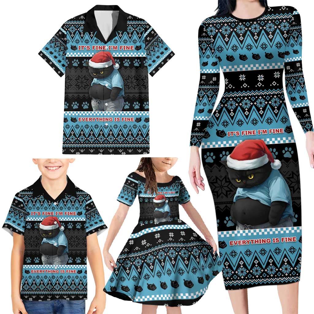 Cat Christmas Family Matching Long Sleeve Bodycon Dress and Hawaiian Shirt It’s Fine I’m Fine Everything Is Fine - Wonder Print Shop