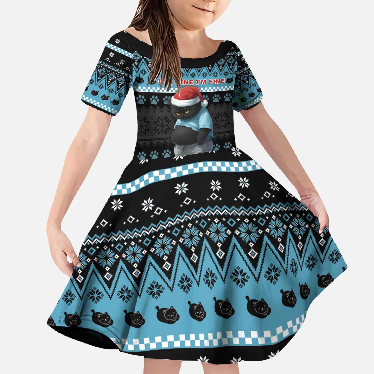 Cat Christmas Family Matching Off The Shoulder Long Sleeve Dress and Hawaiian Shirt It’s Fine I’m Fine Everything Is Fine - Wonder Print Shop