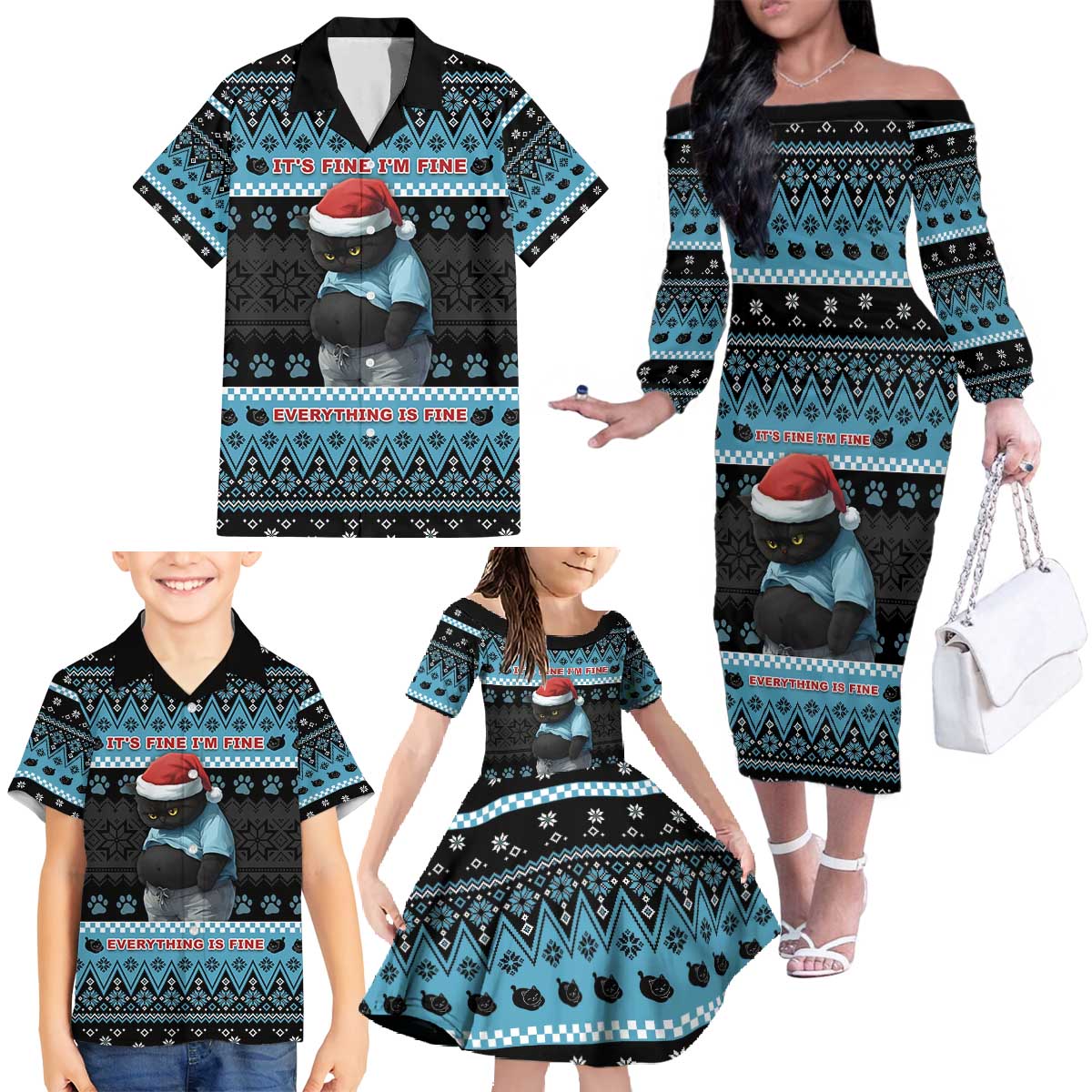 Cat Christmas Family Matching Off The Shoulder Long Sleeve Dress and Hawaiian Shirt It’s Fine I’m Fine Everything Is Fine - Wonder Print Shop