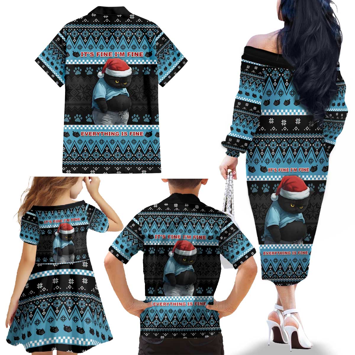 Cat Christmas Family Matching Off The Shoulder Long Sleeve Dress and Hawaiian Shirt It’s Fine I’m Fine Everything Is Fine - Wonder Print Shop