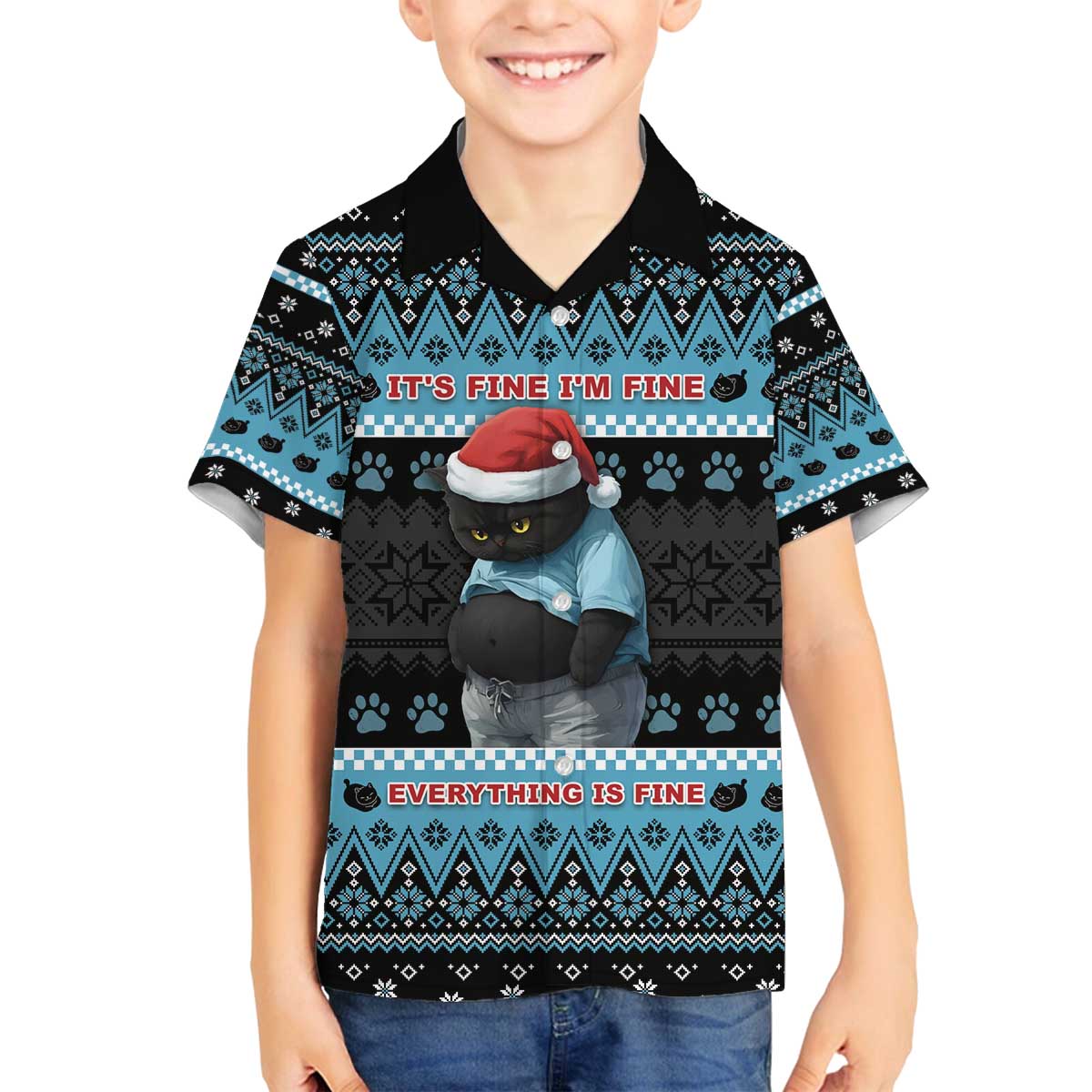 Cat Christmas Family Matching Off The Shoulder Long Sleeve Dress and Hawaiian Shirt It’s Fine I’m Fine Everything Is Fine - Wonder Print Shop