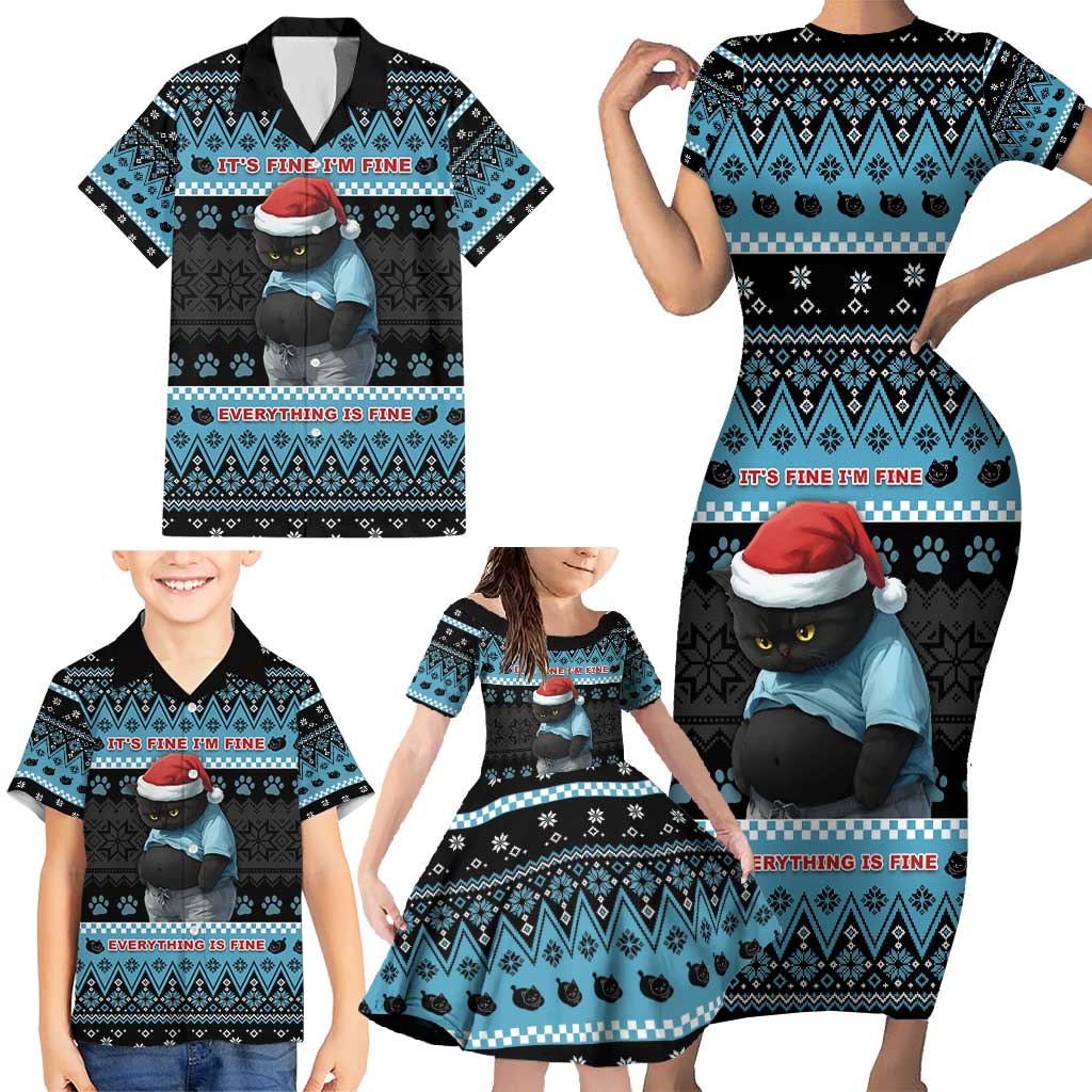Cat Christmas Family Matching Short Sleeve Bodycon Dress and Hawaiian Shirt It’s Fine I’m Fine Everything Is Fine - Wonder Print Shop