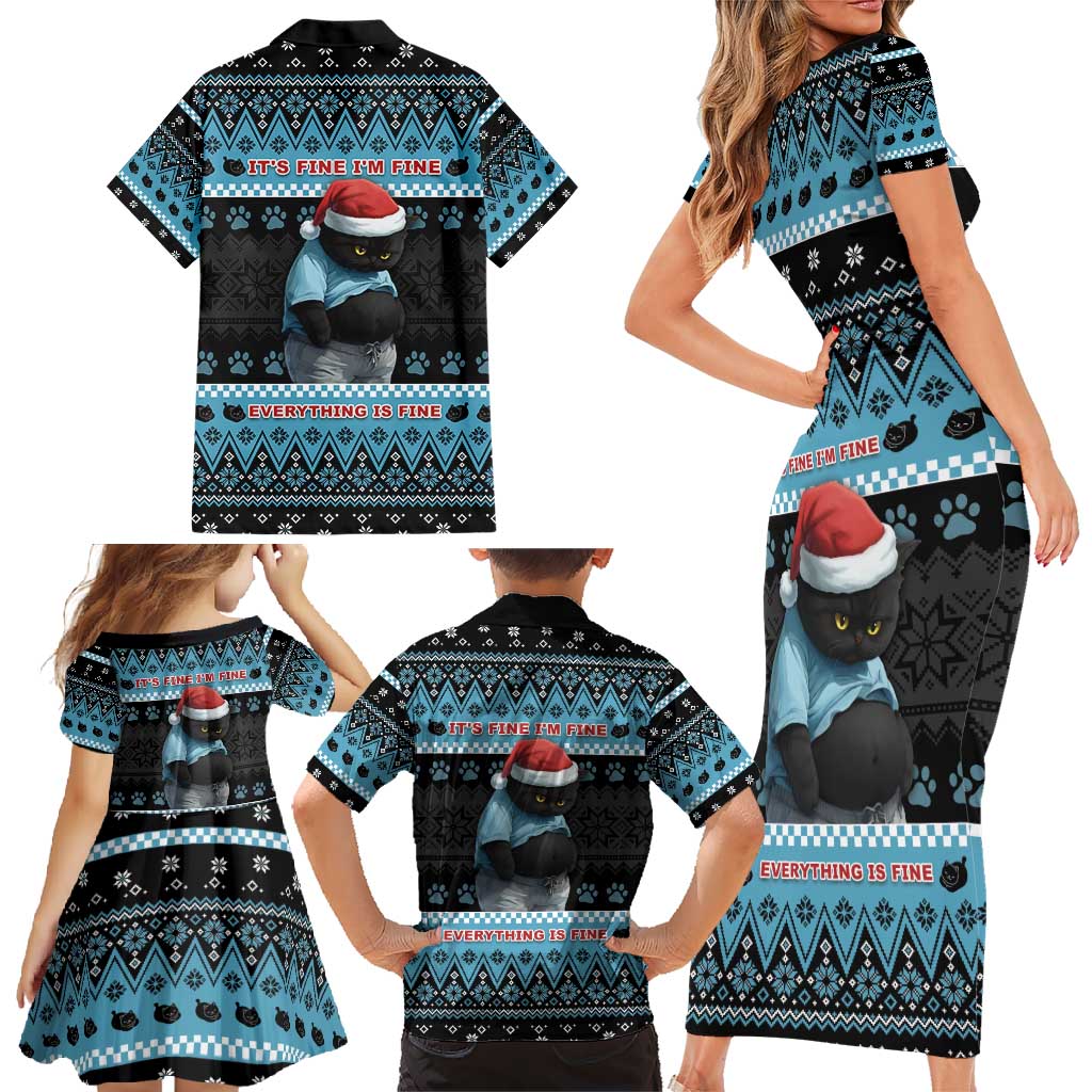 Cat Christmas Family Matching Short Sleeve Bodycon Dress and Hawaiian Shirt It’s Fine I’m Fine Everything Is Fine - Wonder Print Shop