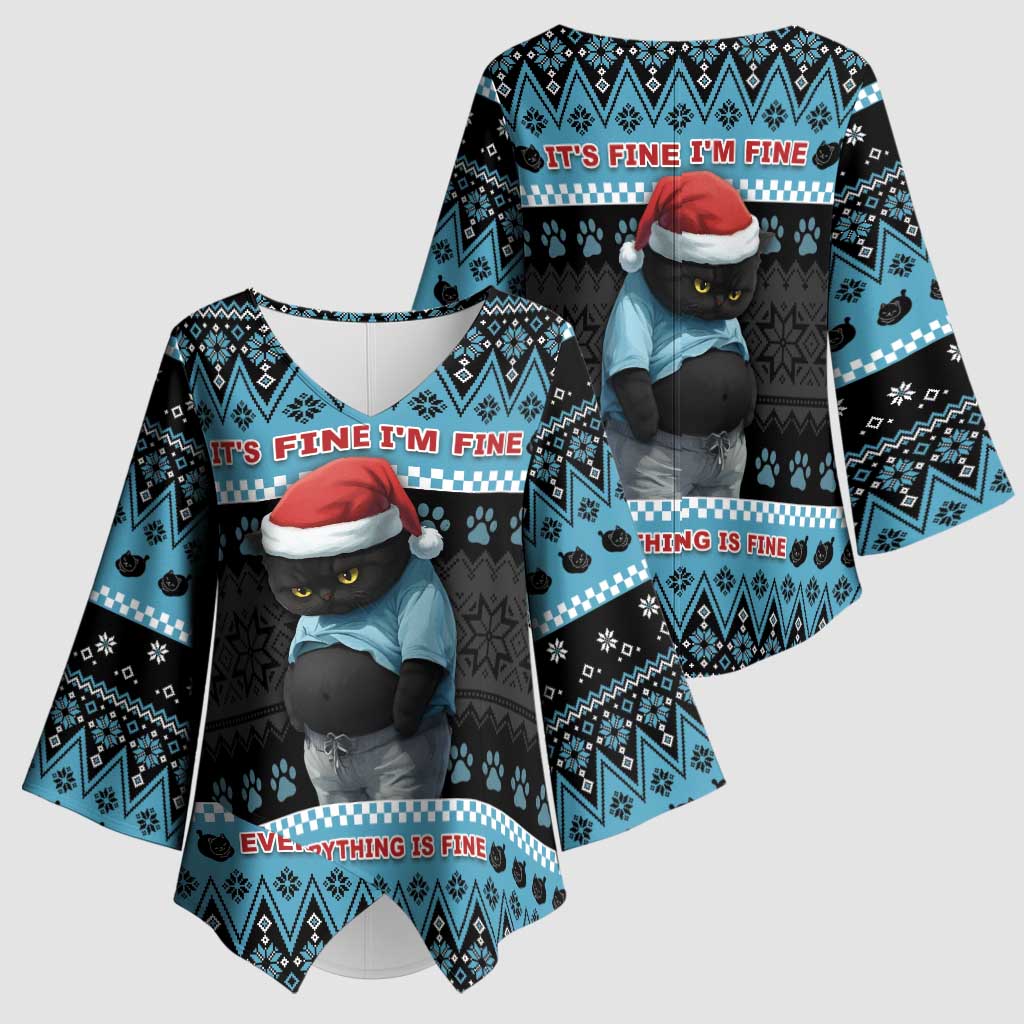 Cat Christmas Kimono Sleeve Blouse It’s Fine I’m Fine Everything Is Fine - Wonder Print Shop