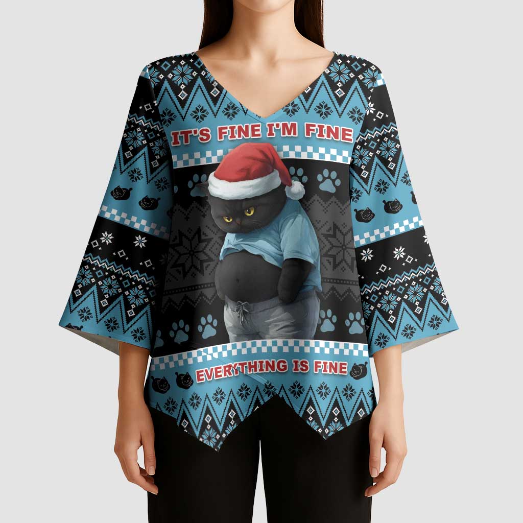 Cat Christmas Kimono Sleeve Blouse It’s Fine I’m Fine Everything Is Fine - Wonder Print Shop