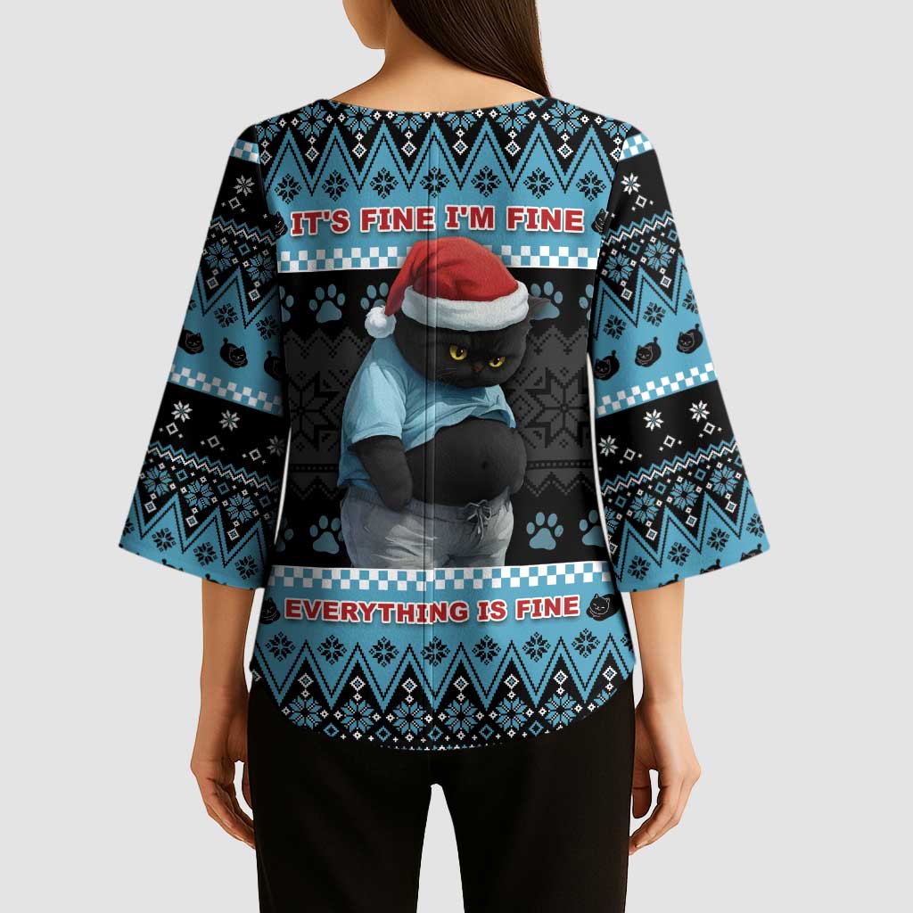 Cat Christmas Kimono Sleeve Blouse It’s Fine I’m Fine Everything Is Fine - Wonder Print Shop