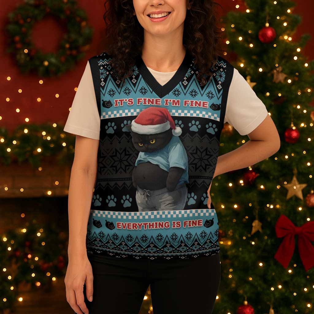 Cat Christmas Knitted V-Neck Vest It’s Fine I’m Fine Everything Is Fine - Wonder Print Shop