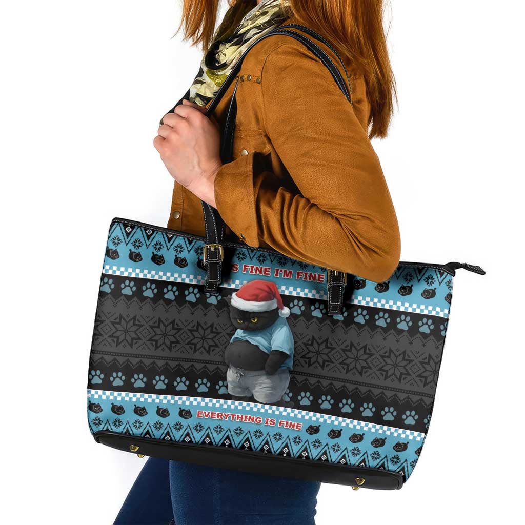 Cat Christmas Leather Tote Bag It’s Fine I’m Fine Everything Is Fine - Wonder Print Shop