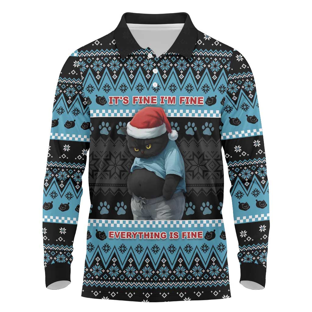 Cat Christmas Long Sleeve Polo Shirt It’s Fine I’m Fine Everything Is Fine - Wonder Print Shop