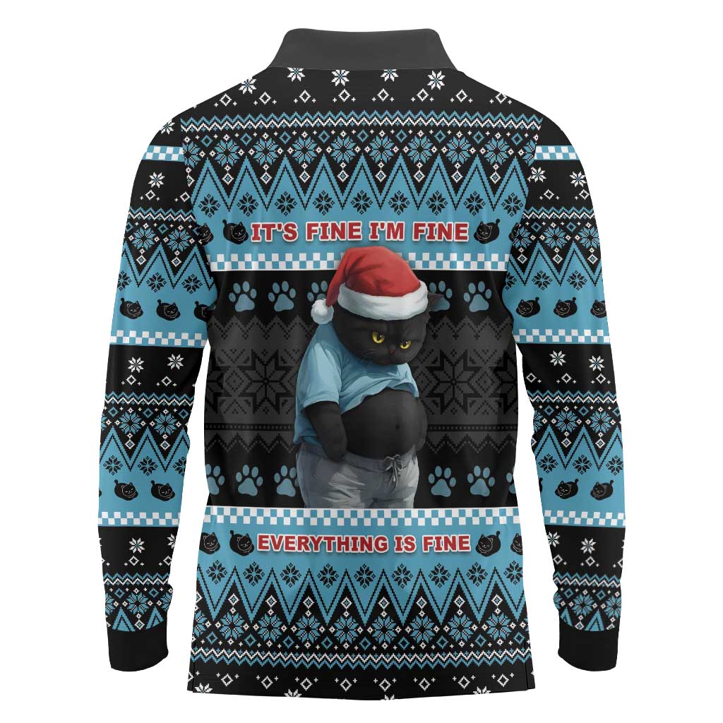 Cat Christmas Long Sleeve Polo Shirt It’s Fine I’m Fine Everything Is Fine - Wonder Print Shop