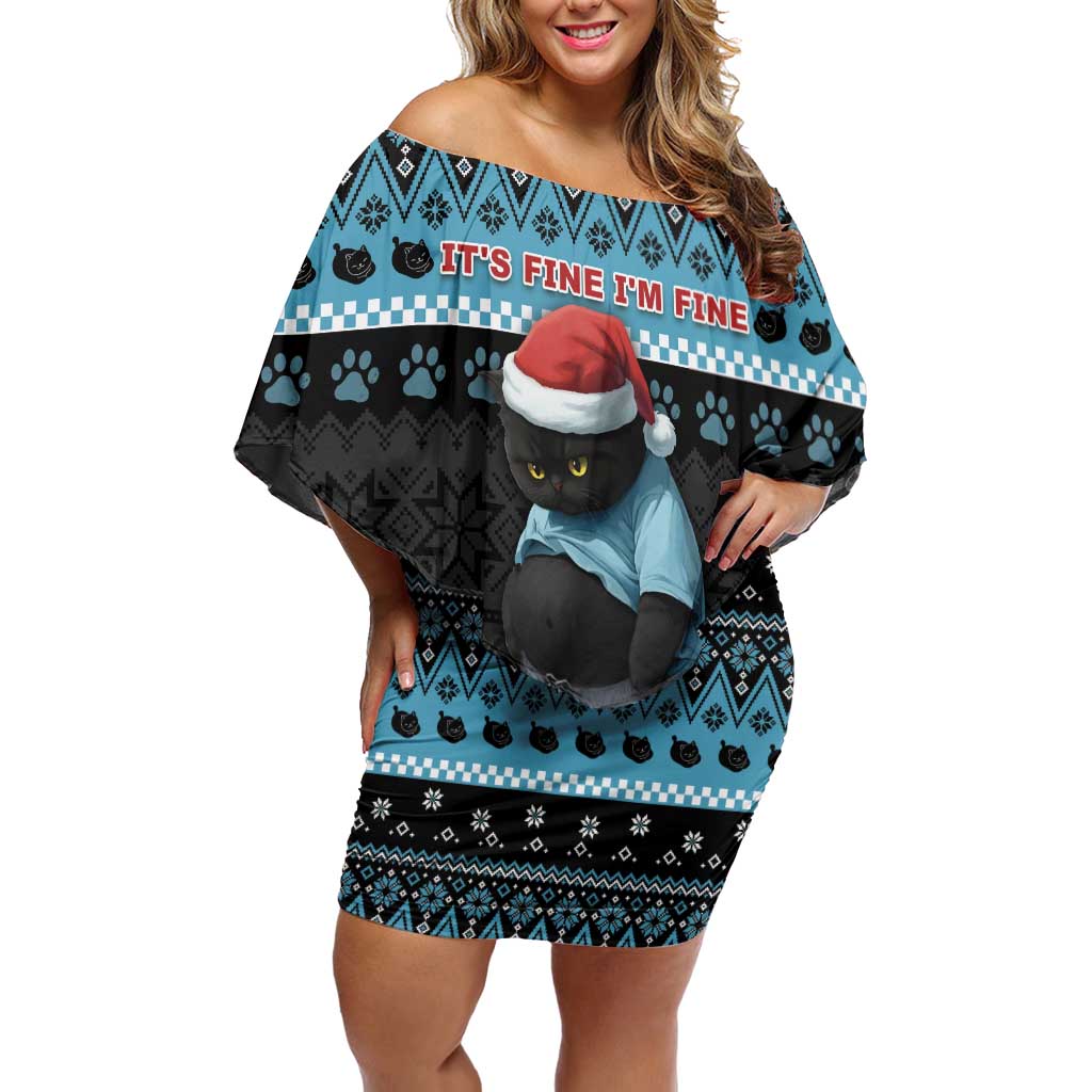 Cat Christmas Off Shoulder Short Dress It’s Fine I’m Fine Everything Is Fine - Wonder Print Shop