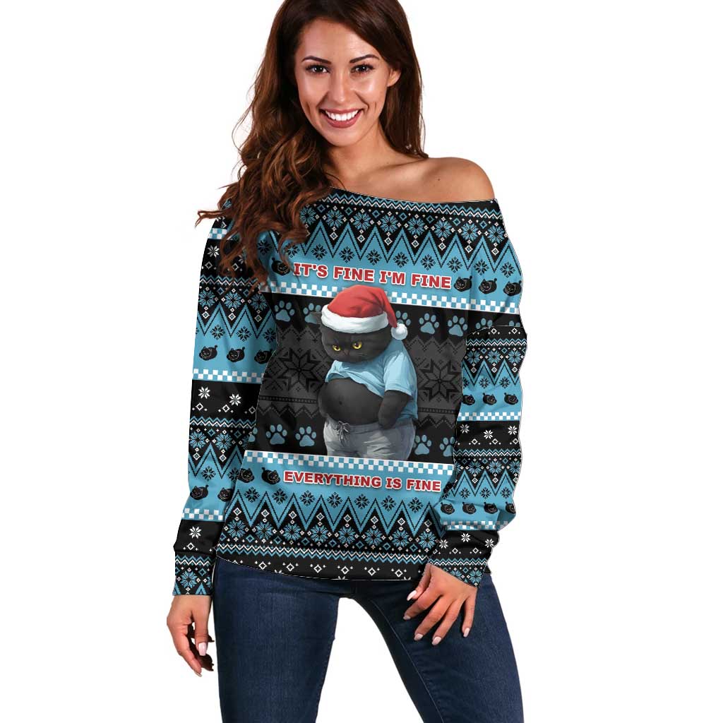 Cat Christmas Off Shoulder Sweater It’s Fine I’m Fine Everything Is Fine - Wonder Print Shop