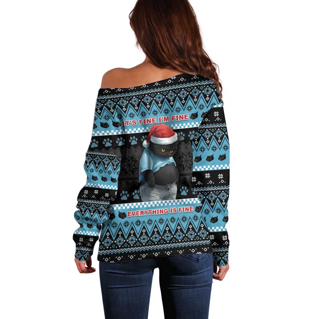 Cat Christmas Off Shoulder Sweater It’s Fine I’m Fine Everything Is Fine - Wonder Print Shop