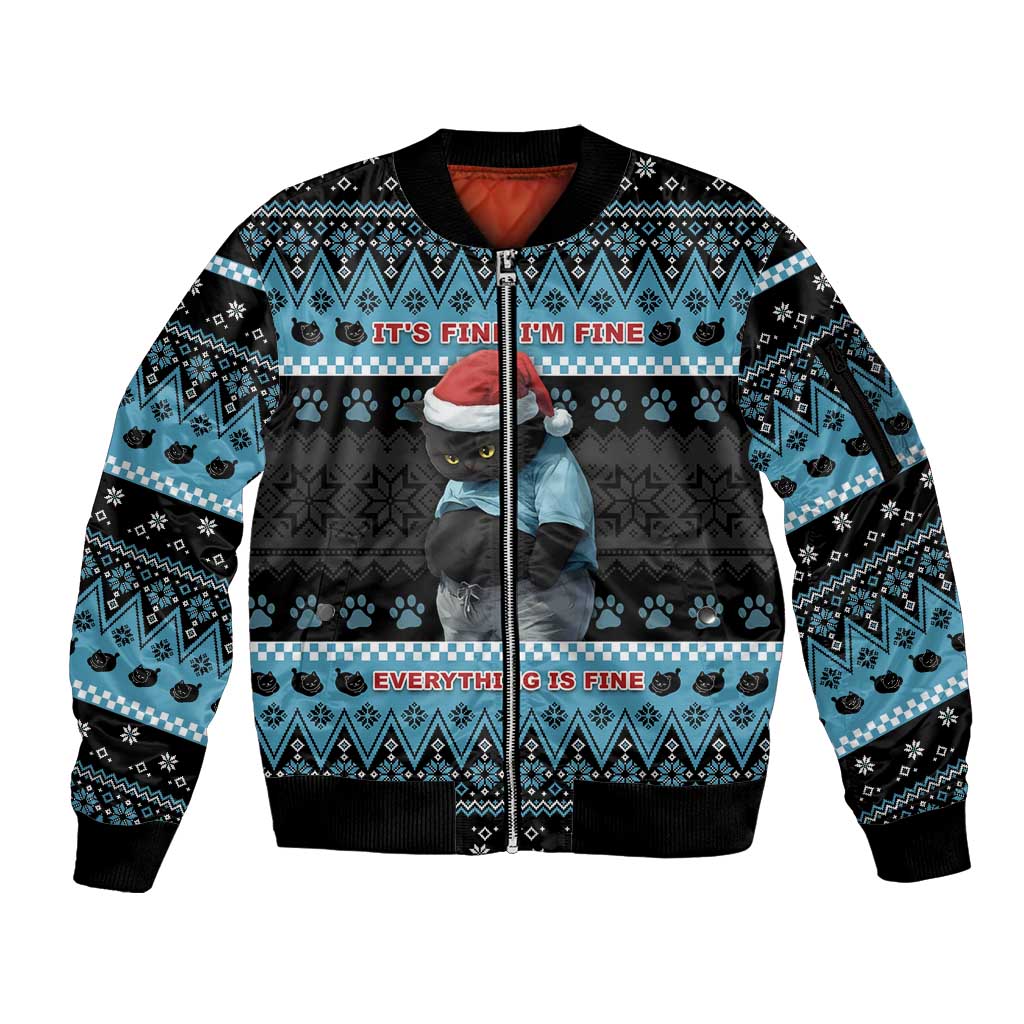 Cat Christmas Sleeve Zip Bomber Jacket It’s Fine I’m Fine Everything Is Fine - Wonder Print Shop