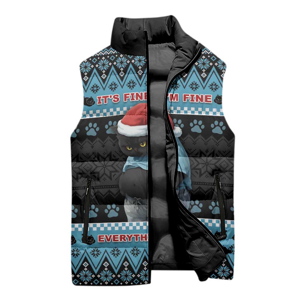 Cat Christmas Sleeveless Puffer Jacket It’s Fine I’m Fine Everything Is Fine - Wonder Print Shop