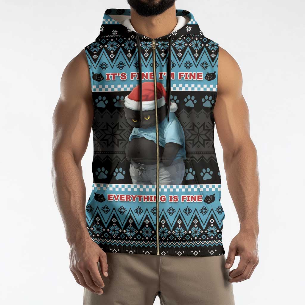 Cat Christmas Sleeveless Zip Hoodie It’s Fine I’m Fine Everything Is Fine - Wonder Print Shop