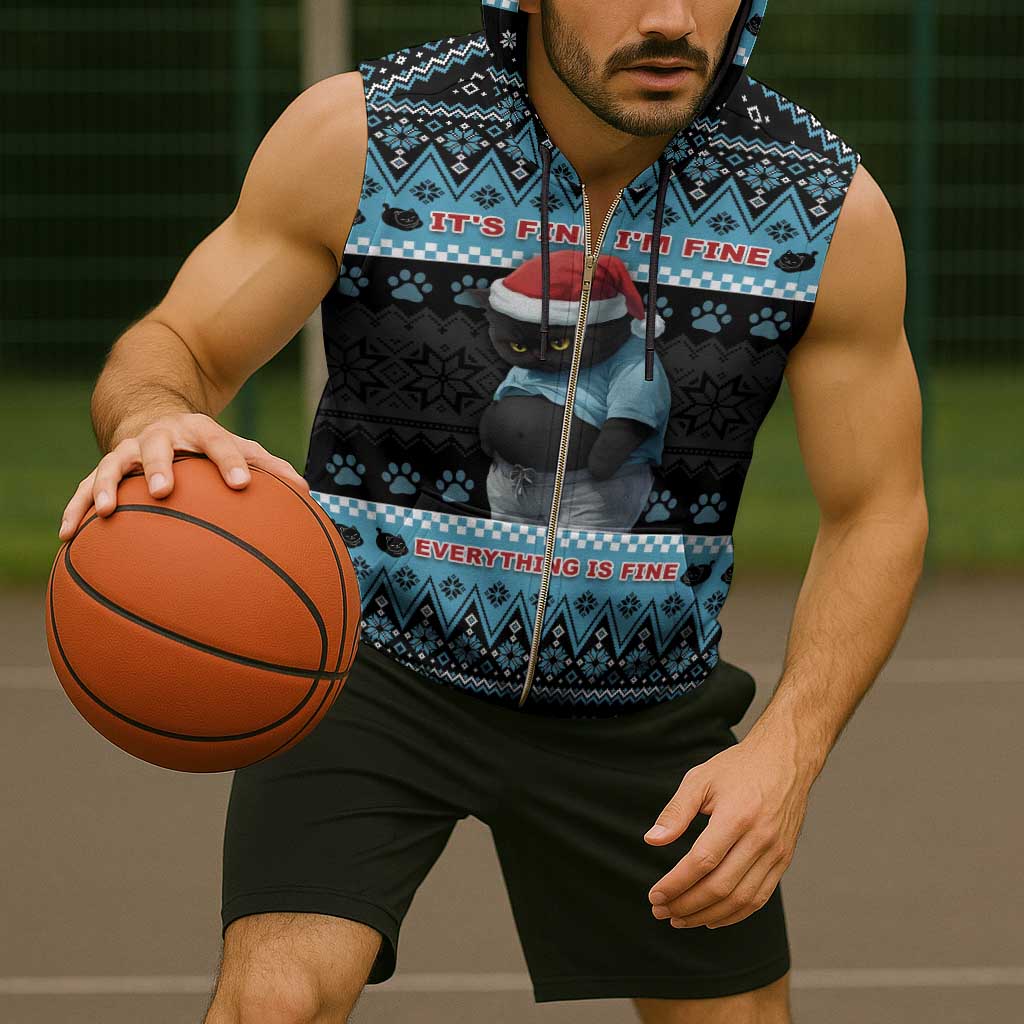 Cat Christmas Sleeveless Zip Hoodie It’s Fine I’m Fine Everything Is Fine - Wonder Print Shop