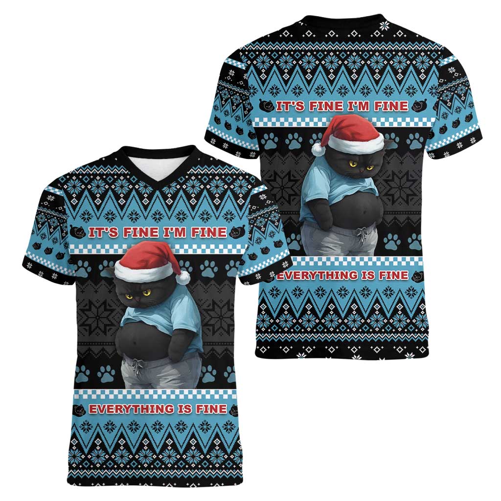 Cat Christmas Women V-Neck T-Shirt It’s Fine I’m Fine Everything Is Fine - Wonder Print Shop
