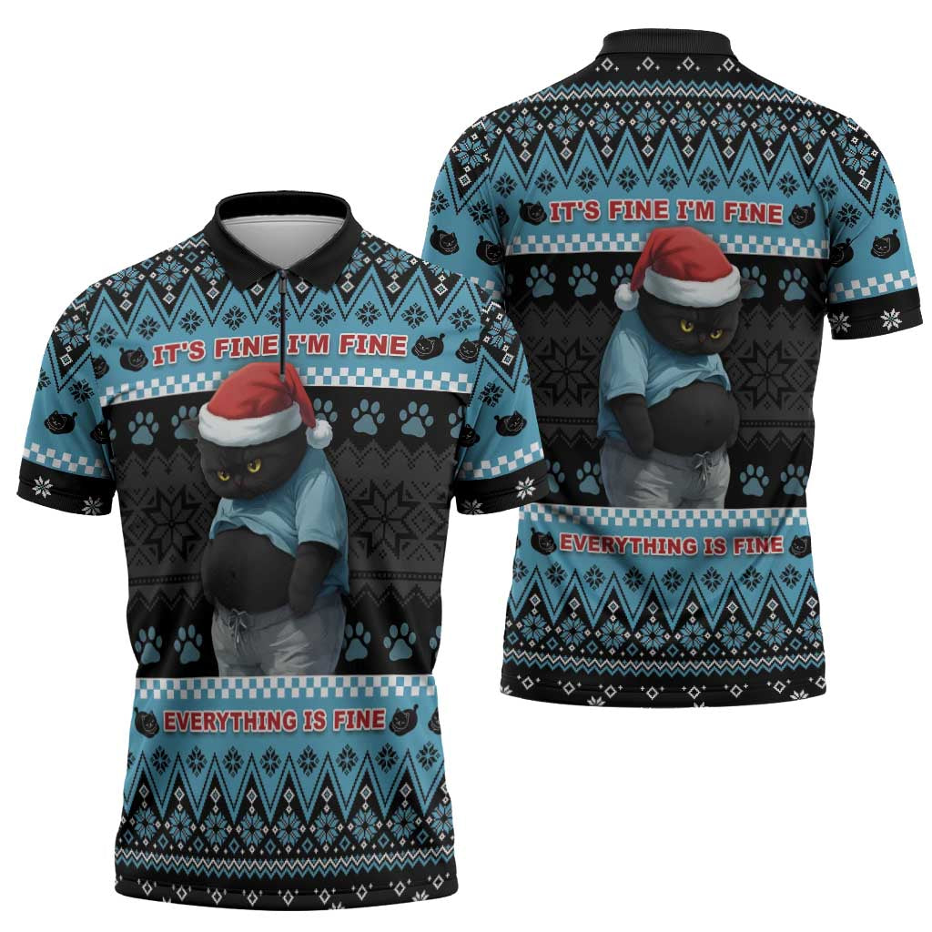 Cat Christmas Zipper Polo Shirt It’s Fine I’m Fine Everything Is Fine - Wonder Print Shop