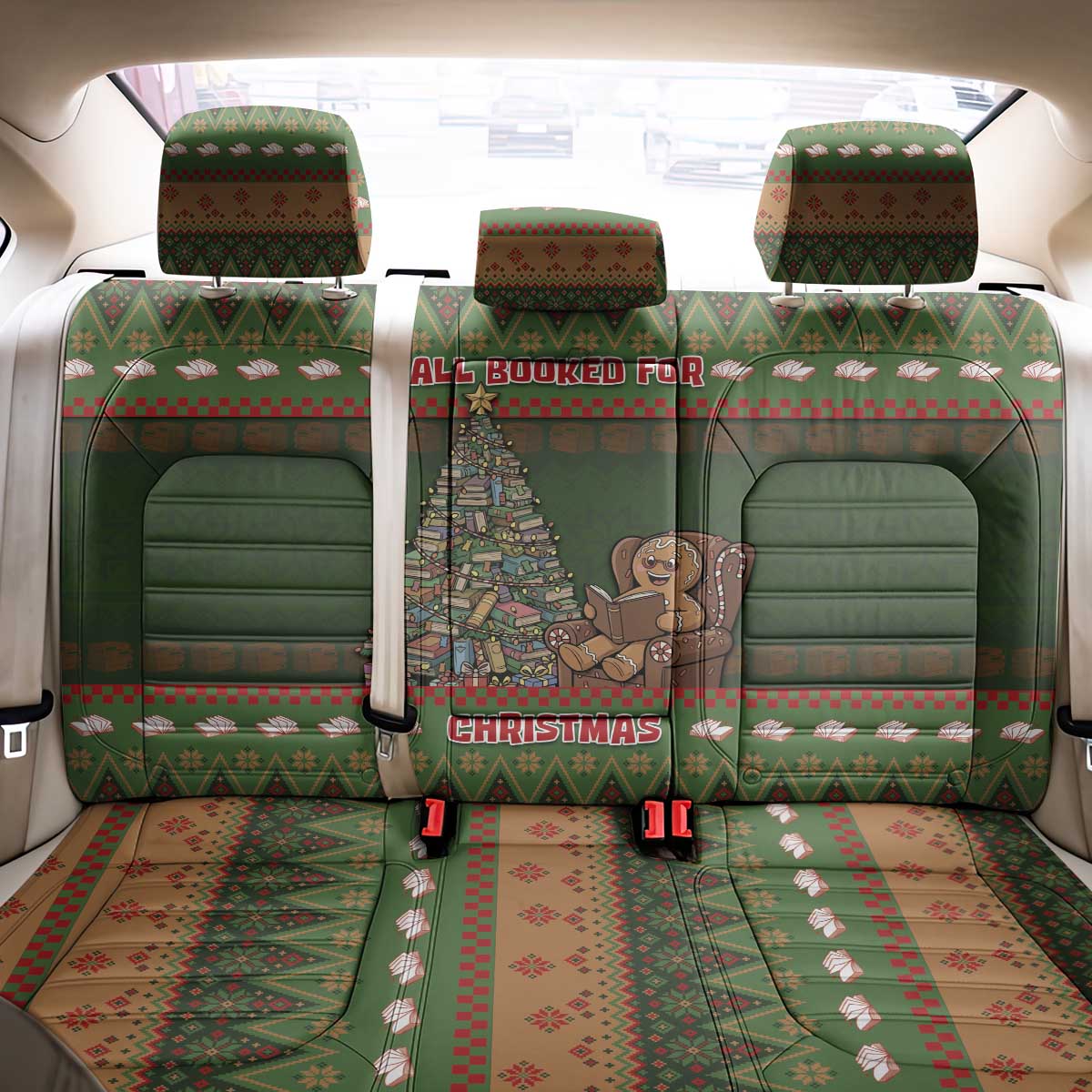 Book Lovers Christmas Back Car Seat Cover Gingerbread With Xmas Book Tree - Wonder Print Shop