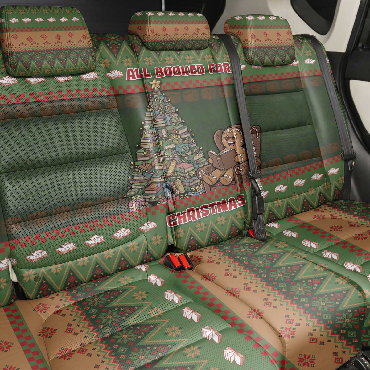 Book Lovers Christmas Back Car Seat Cover Gingerbread With Xmas Book Tree - Wonder Print Shop